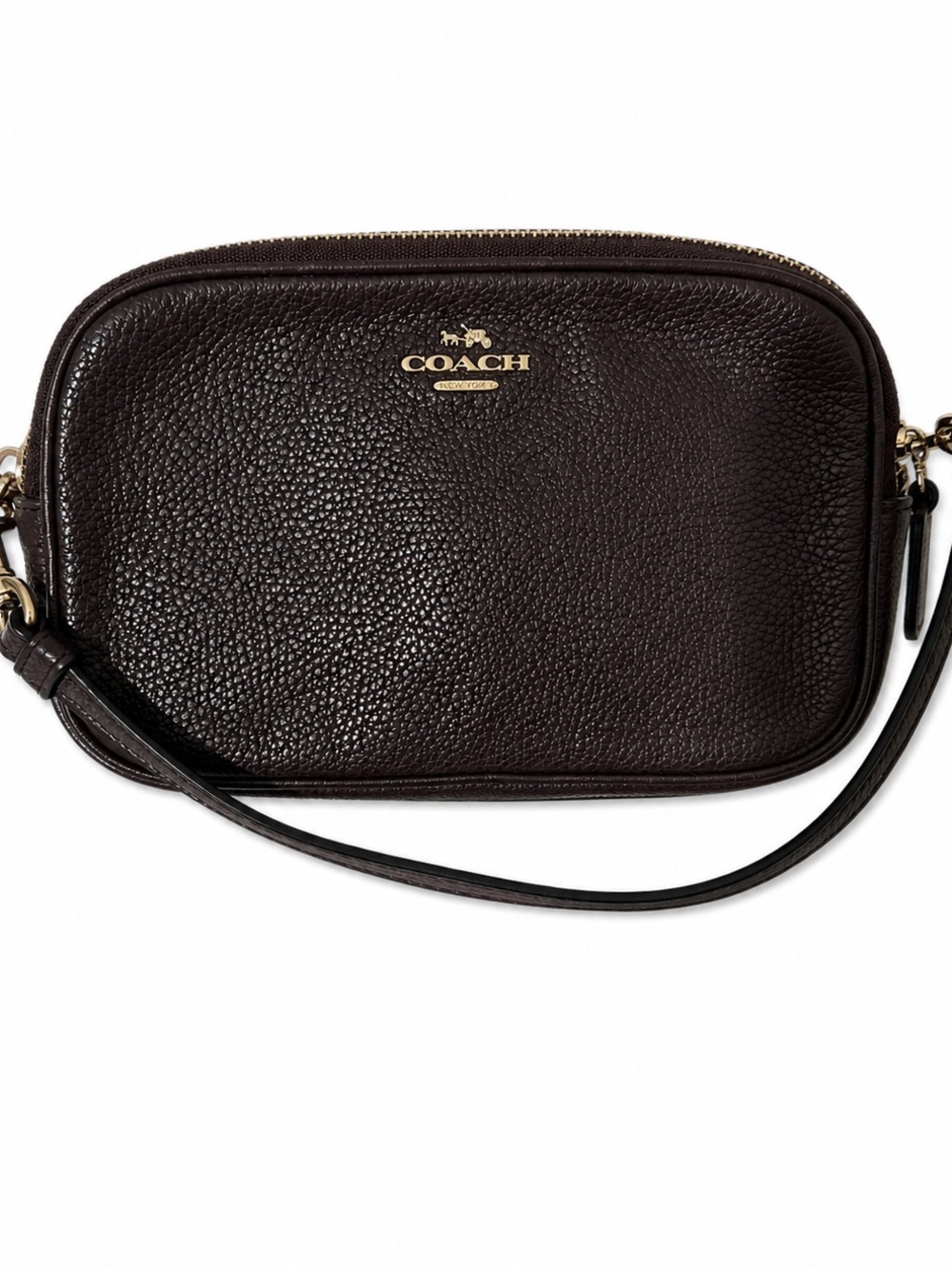 Coach Dark Brown Pebbled Leather Wristlet Crossbody